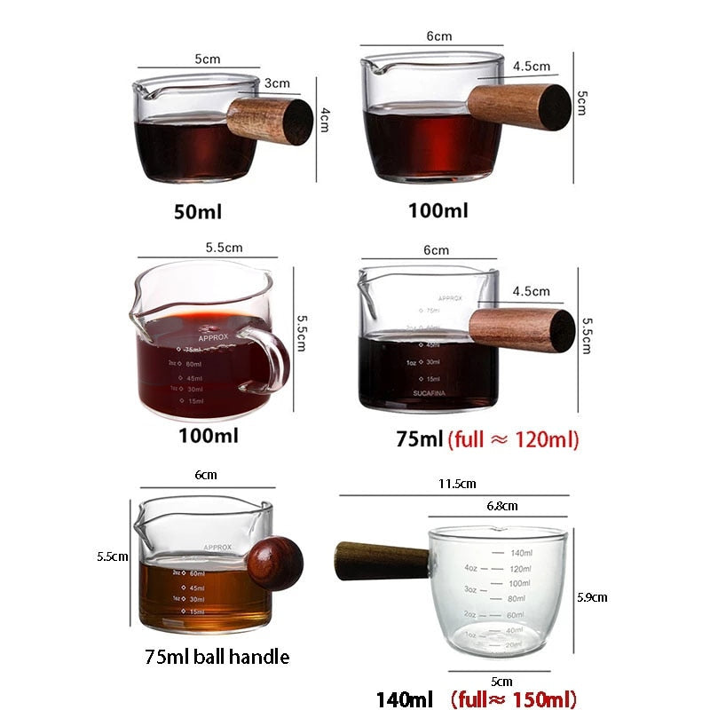 Wood Handle Glass Espresso Measuring Cup