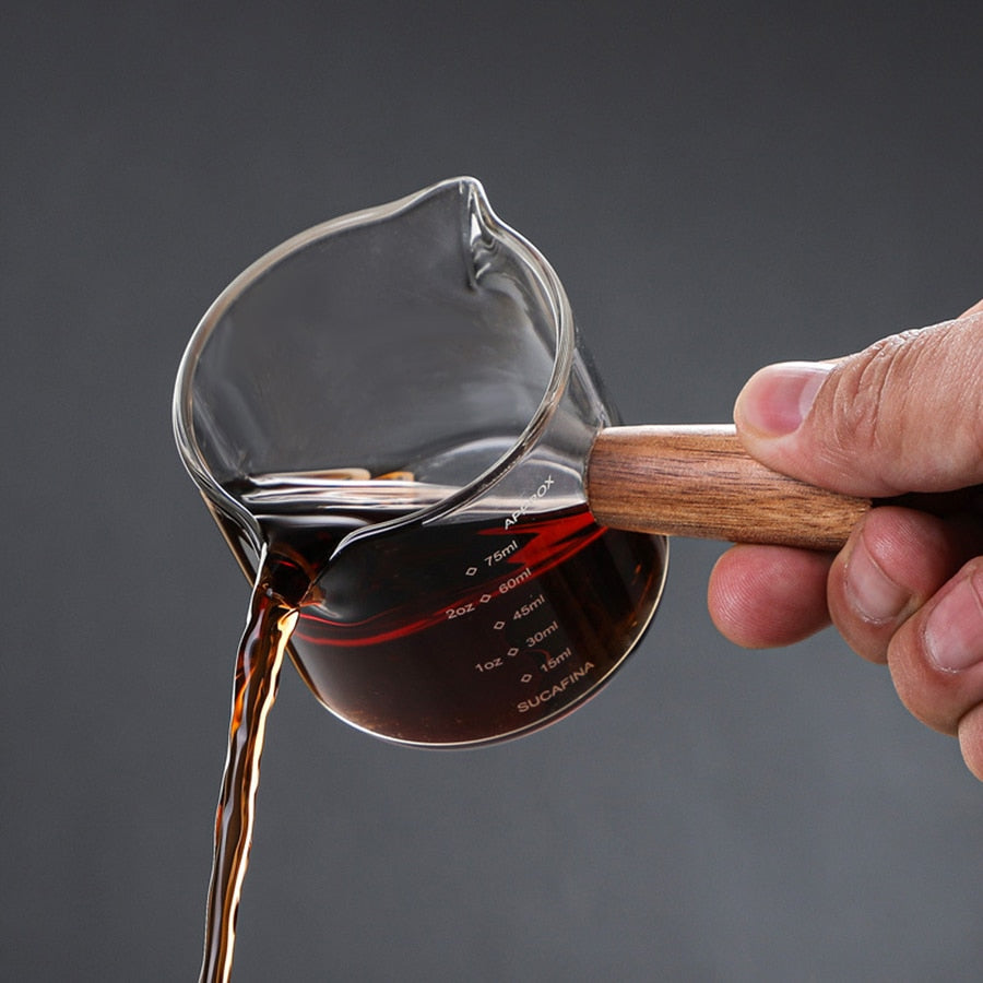 Wood Handle Glass Espresso Measuring Cup